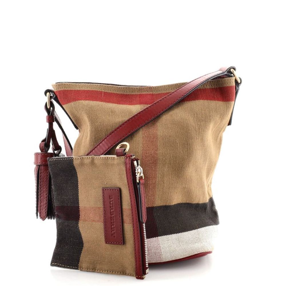 Burberry Tan Canvas Bucket Bag with Red and Black Accents - Picture 2 of 8